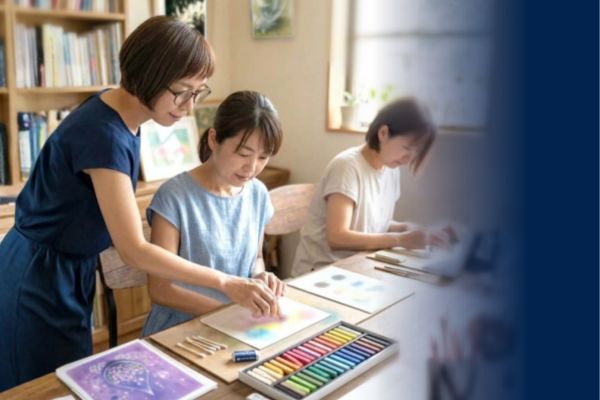 講師が指で絵を描いて教えている